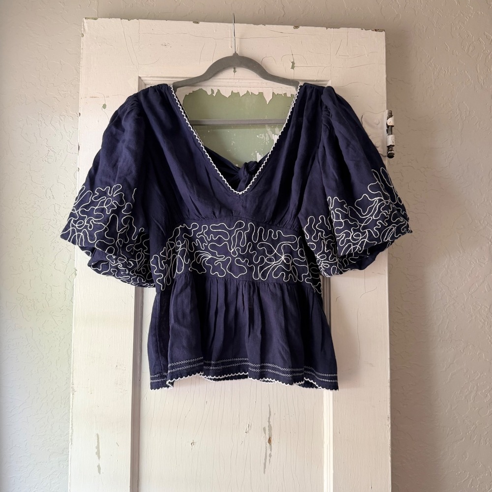 Maeve Anthropologie Navy Embroidered Puff Sleeve Tie Back Top Petite Large NWT